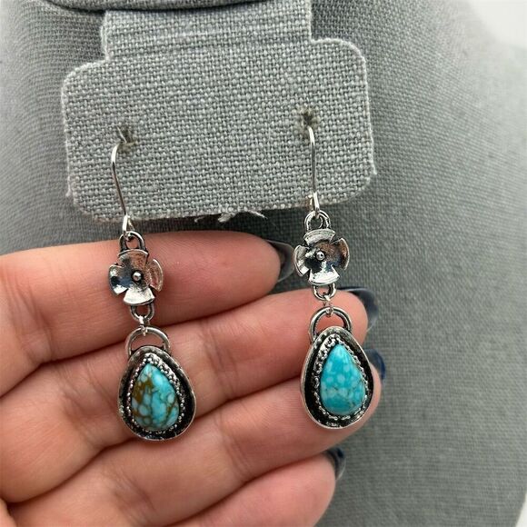 Boho Faux Turquoise Teardrop Long Dangle Earrings Floral Silver Tone Pierced - Picture 5 of 10